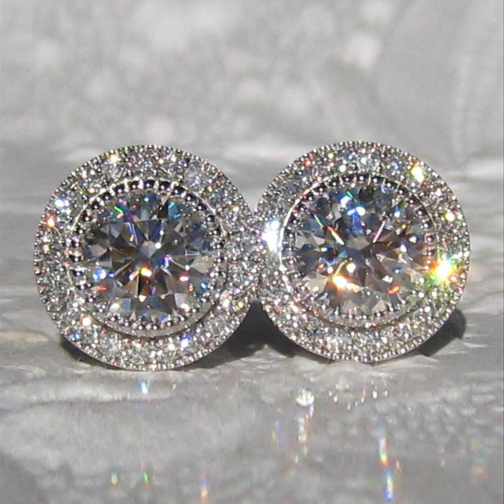 Huitan Big Round Zircon Hollow Cubic Stud Earring Girls Top Quality Sparkling Clear CZ Silver Luxury Earrings Women