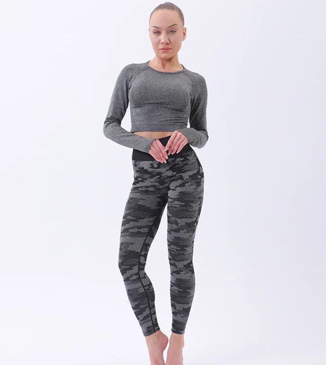 2 Piece Set Solid Breathable Eco-Friendly Woman Sport Long Sleeve Top Fitness Yoga Wear