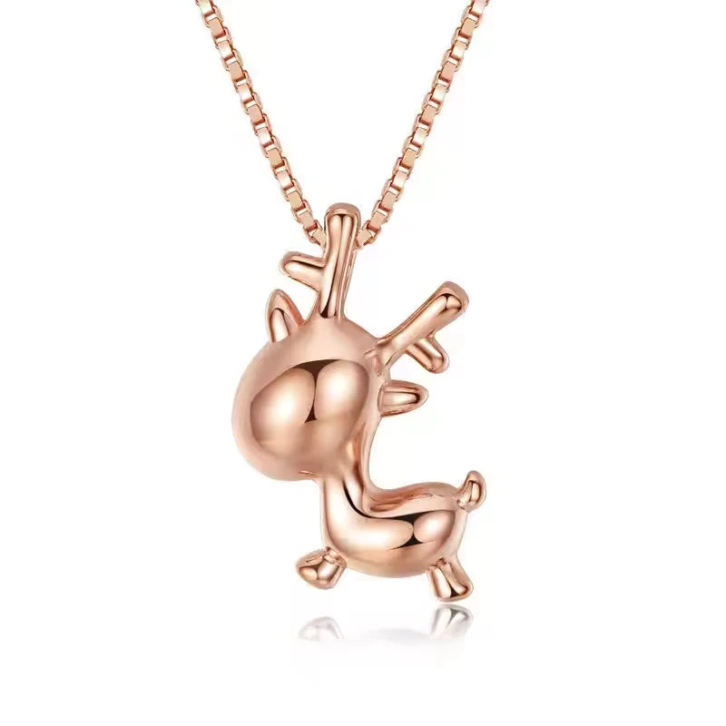 Christmas Jewelry S925 Sterling Silver Rose Gold Plated Cute Animal Deer Necklace