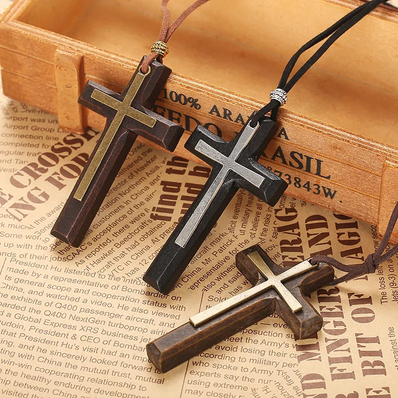 HOVANCI Handmade Vintage Christian Orthodox Crucifix Jesus Leather Cord Wooden Cross Necklace for Men and Women