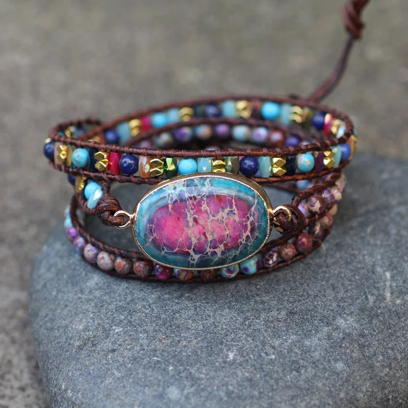 Colorful Bohemian Style Bracelet for Women Girls Multi-Layer Natural Sea Sediment Beaded Dainty Crystal Gemstone Trendy Chic