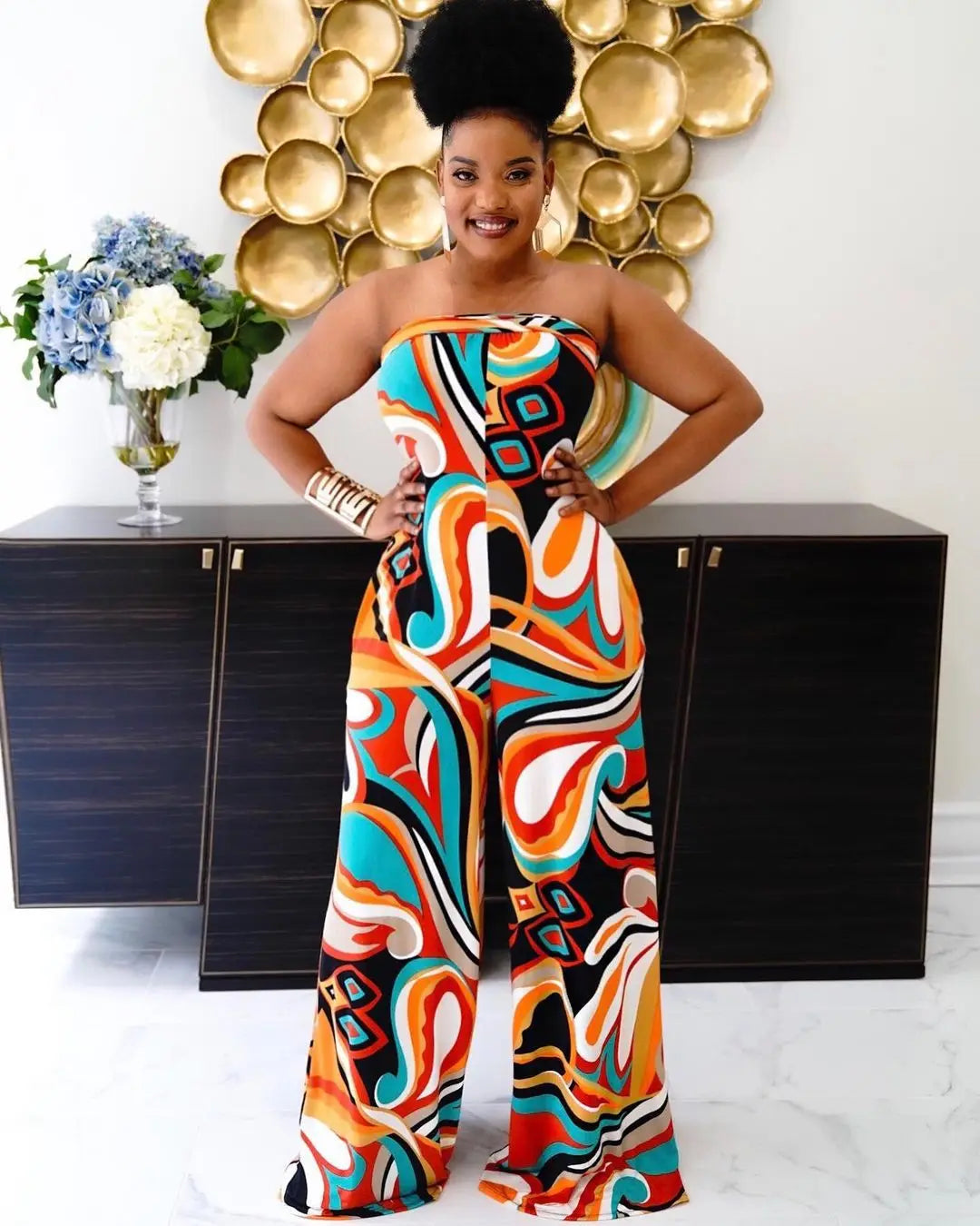 Beautiful Summer Casual Loose Wide Leg Jumpsuit for Women's Printed Off Shoulder Stretch Jumpsuit