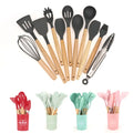 Wholesale Cooking Utensils 12 Pieces Kitchen Accessories Tools Heat Resistant  Silicone Kitchen Utensils Set with Wooden Handle