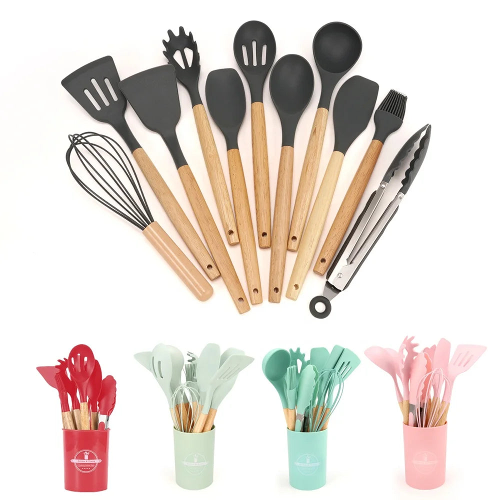 Wholesale Cooking Utensils 12 Pieces Kitchen Accessories Tools Heat Resistant  Silicone Kitchen Utensils Set with Wooden Handle