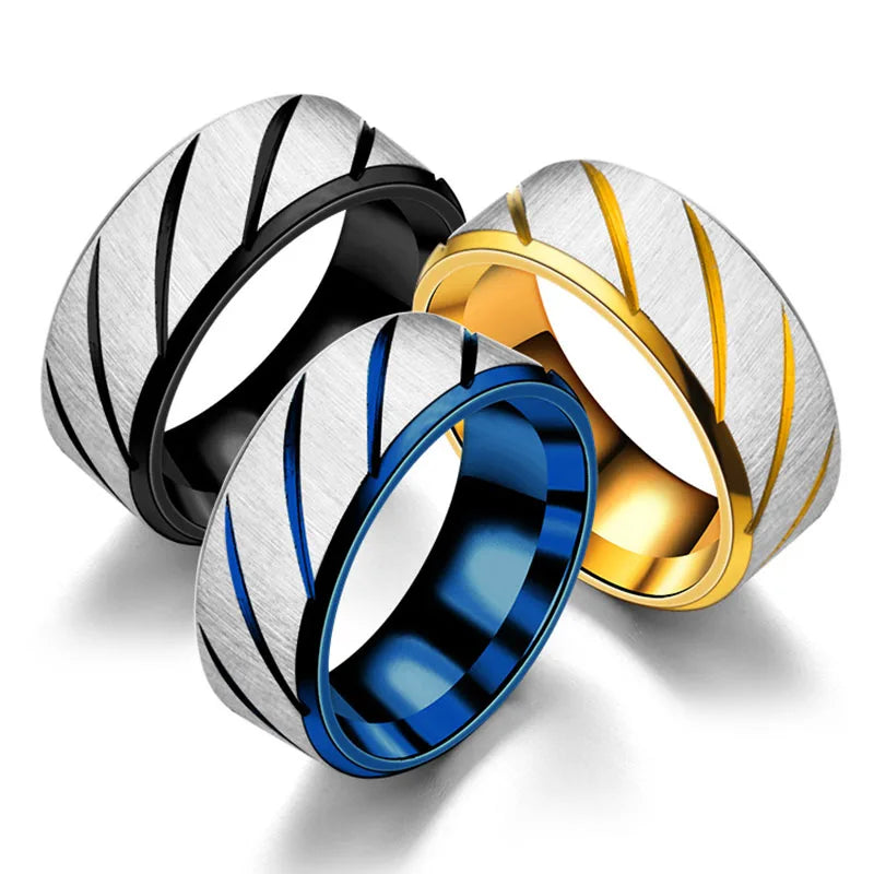 European Fashion Design Simple Double Bevel Embossed Twill Rings Popular Stainless Steel Rings for Women Men