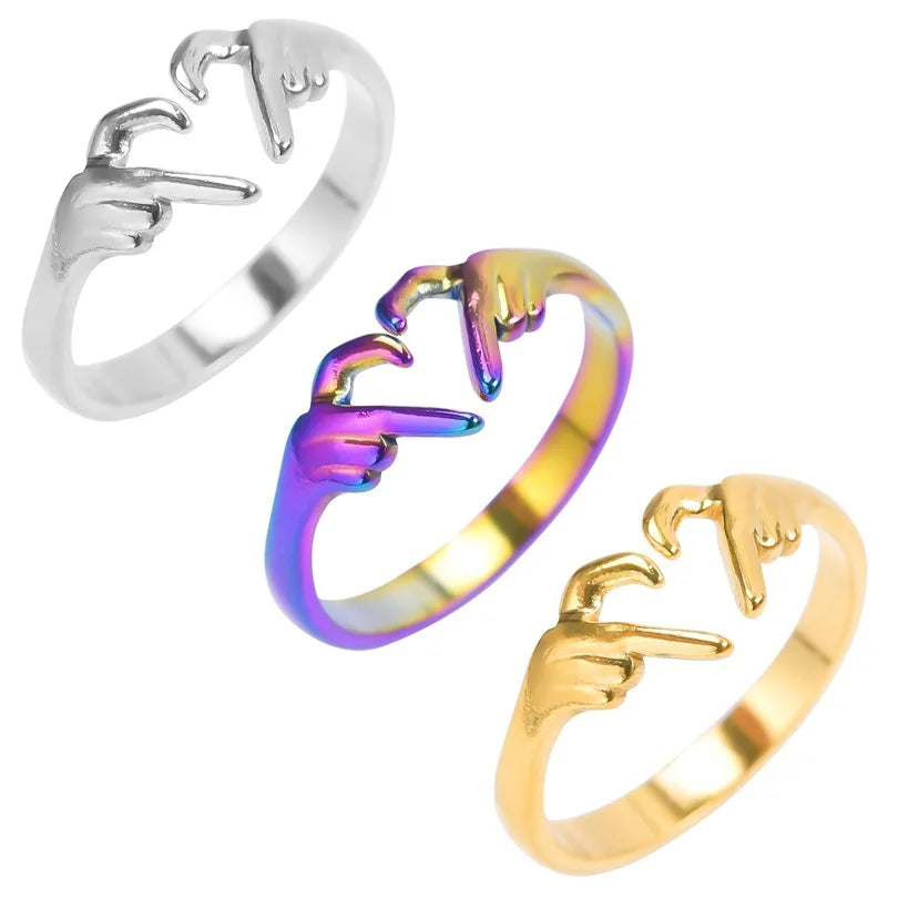 Wholesale Multi Colors Openable Ring Hand Heart Ring Stainless Steel Adjustable Ring for Women