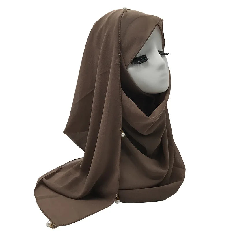 2026 New Ladies Pure Color Chiffon Scarf Hanging Pearl Scarf on Both Ends New Ladies Headscarves in Stock