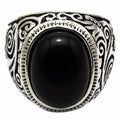 Vintage Jewelry Big Oval Glossy Black Onyx Rhinestone SilverStone Ring with Engraved Floral Pattern
