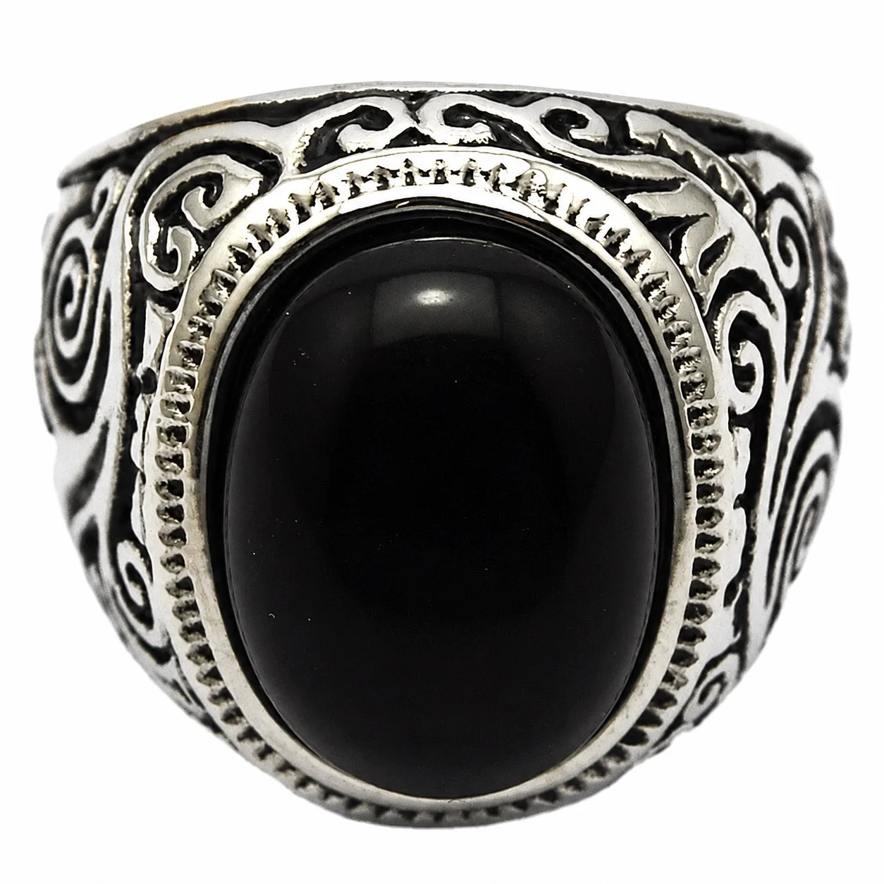 Vintage Jewelry Big Oval Glossy Black Onyx Rhinestone SilverStone Ring with Engraved Floral Pattern