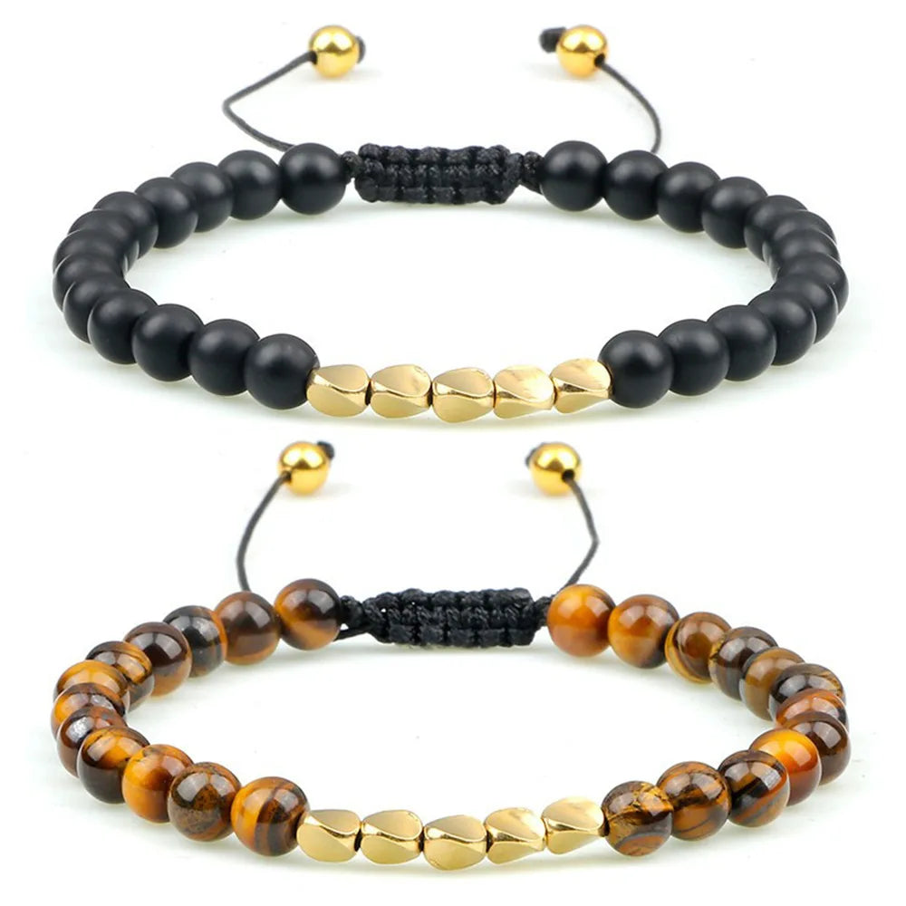 Natural 6mm Tiger Lava Bangle Irregular Copper Beads Braided Bracelet for Women Men Handmade Ethnic Tibetan Jewelry
