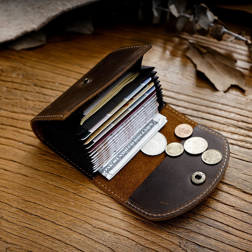 Wincheer Vintage Crazy-Horse Leather Card Holder Wallet with 12 Card Slots Bank Credit Cardholder Sleeve Case Album Organizer
