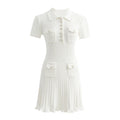 2025 Vintage Elegant Style Summer Lady Turn-down Collar Short Sleeve Women Knit Sequin Sheath Flounced Short Dress Party Dress