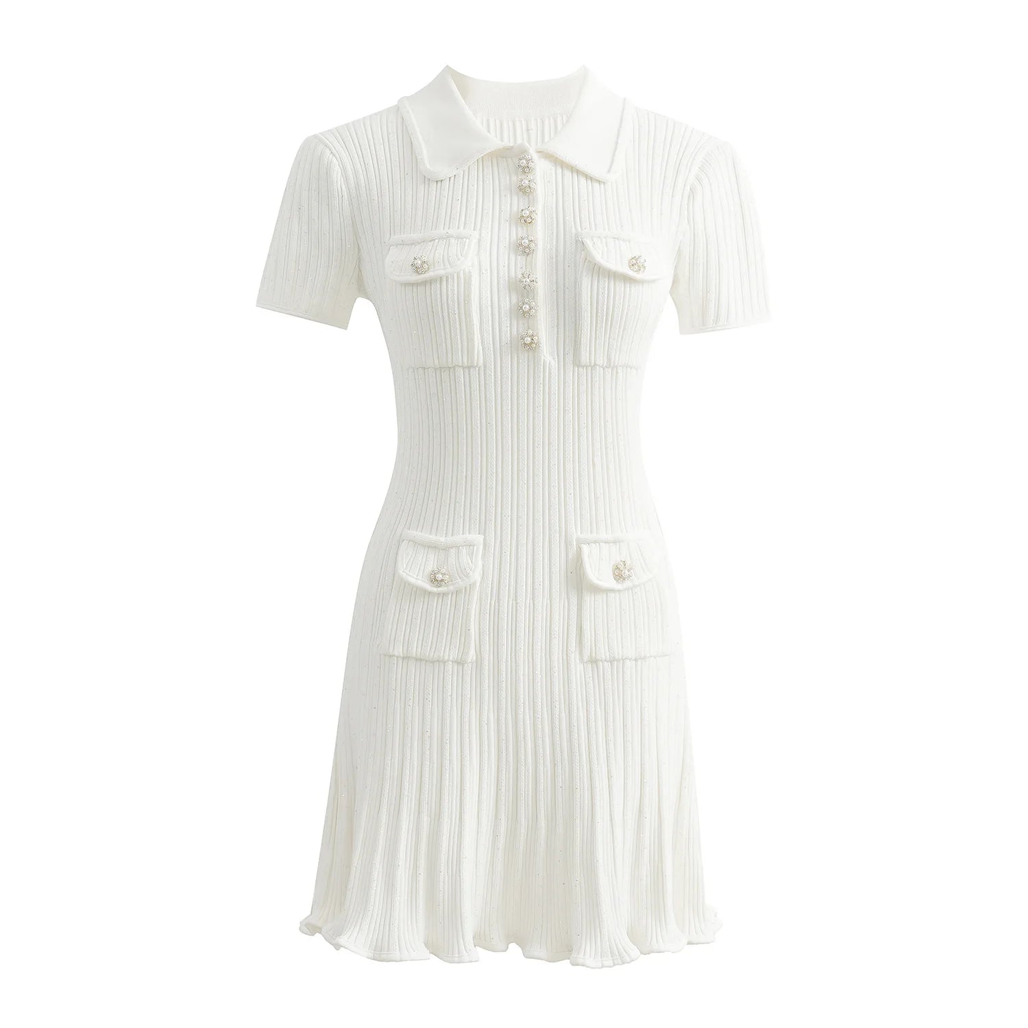2025 Vintage Elegant Style Summer Lady Turn-down Collar Short Sleeve Women Knit Sequin Sheath Flounced Short Dress Party Dress