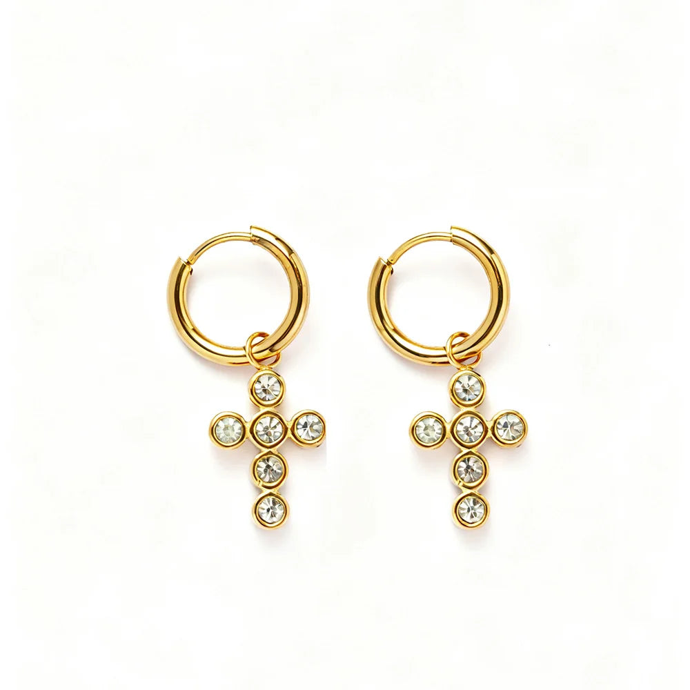 Wholesale Hypoallergenic Waterproof Jewelry 18k Gold Plated Stainless Steel Cross Cubic Zirconia Drop Earrings YF2907