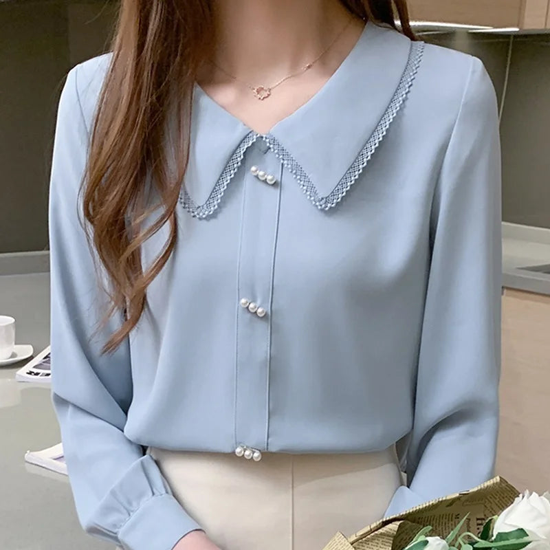 8255# Long Sleeve Blouse Shirt Tops Blouse Women Blusas Mujer De Moda 2026 Blue Chiffon Women Blouses Blusa