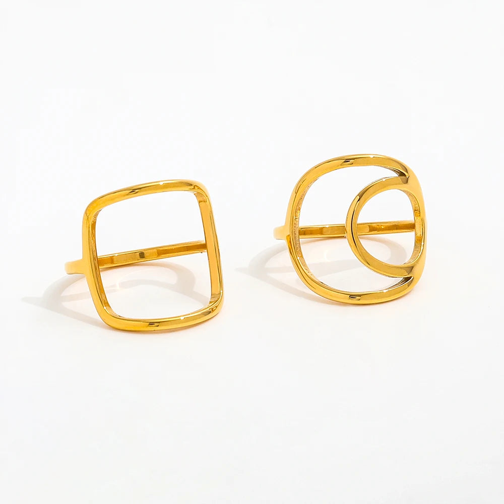 Joolim Jewelry Wholesale 18K Gold Plated Square Round Hollow Lines Stainless Steel Rings for Women Ring