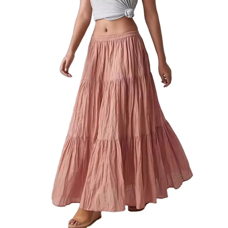 Custom Women's Vintage Knitted Bohemian Summer Casual Elegant Breathable Plain A-line Layered Long Skirt