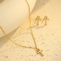 Gold Stainless Steel Cross Necklace Earrings Set Ankh Quartz Cross Religious Pendant Ankh Necklace Jewelry Women