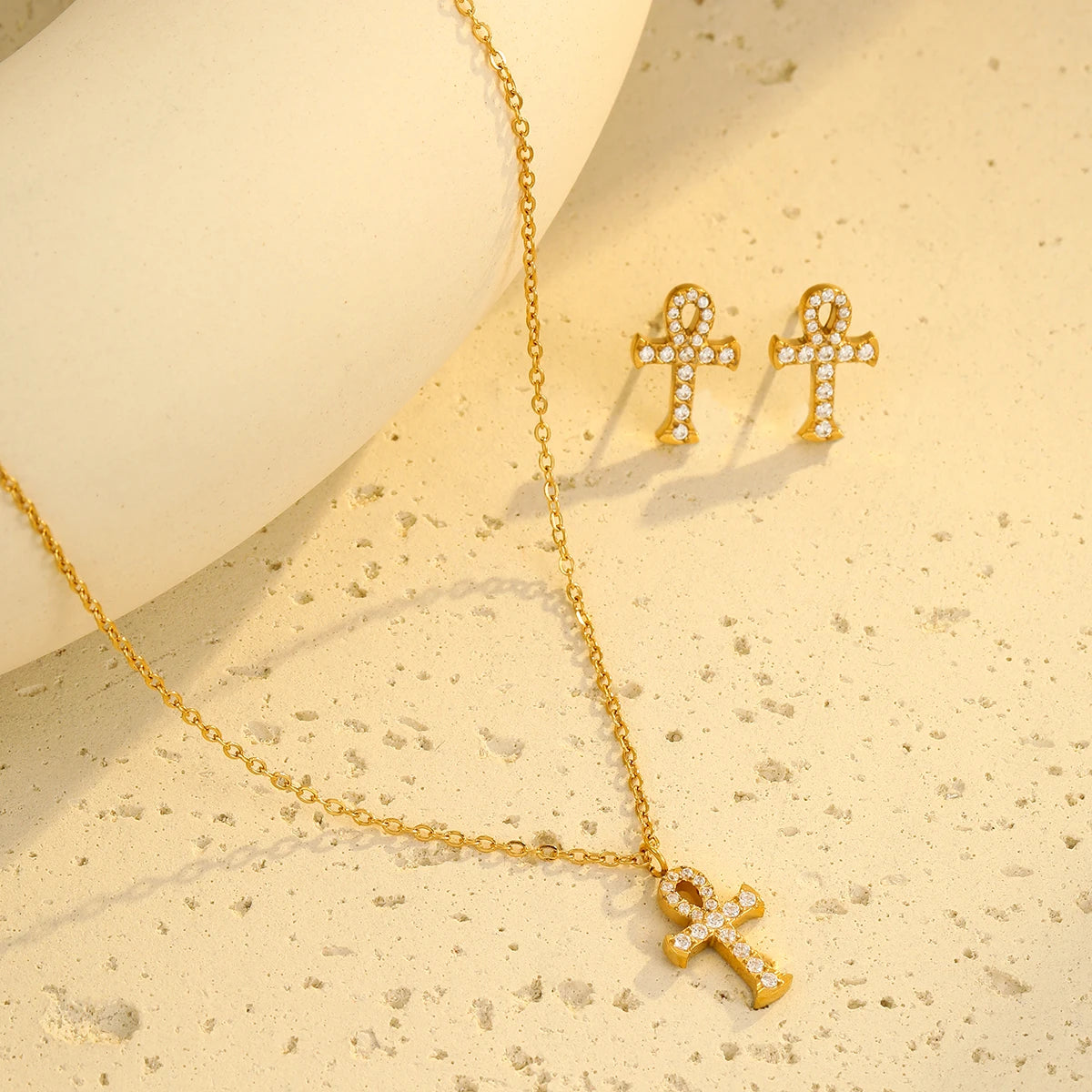 Gold Stainless Steel Cross Necklace Earrings Set Ankh Quartz Cross Religious Pendant Ankh Necklace Jewelry Women