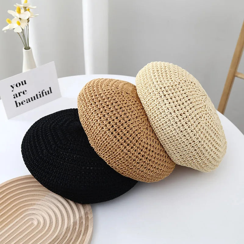 MIO Beret Hat for Women French Style Latest Design Beret Caps Yellow Summer Spring Hat British Style for Women Hollow Breathable