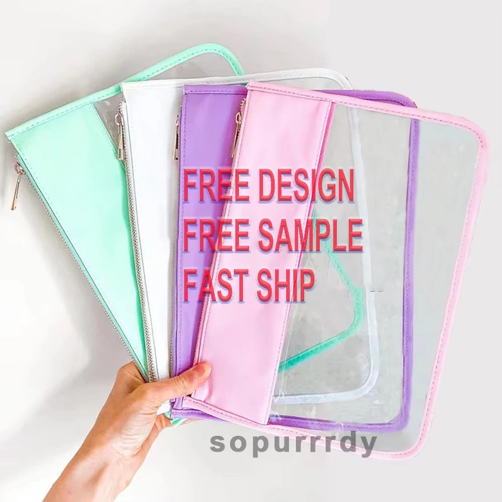 Custom Logo Transparent PVC Zipper Flat Cosmetic Bag Leather for Toiletry Pouch Printed Waterproof Clear Makeup Promotional Gift