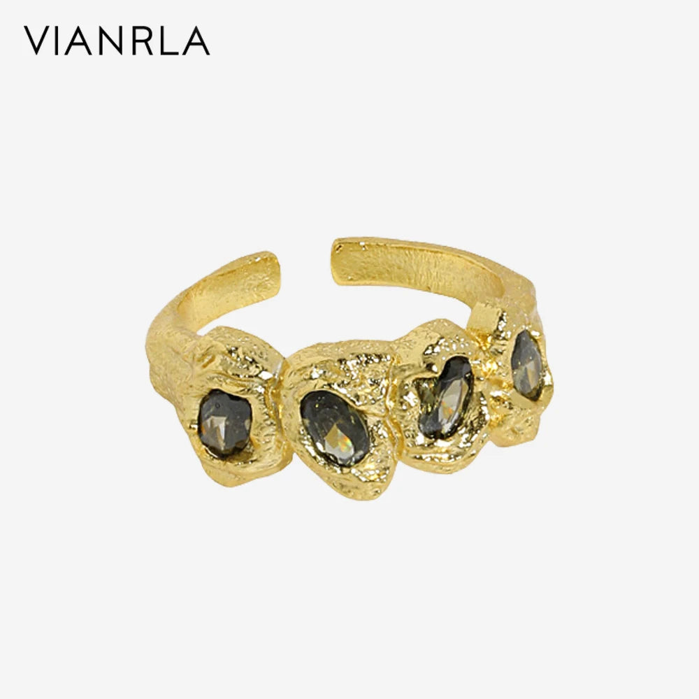 VIANRLA  925 Sterling Silver Trendy  Gold Plated  and Silver Plating Textured Ring with CZ  Adjustable  Band Women Jewelry