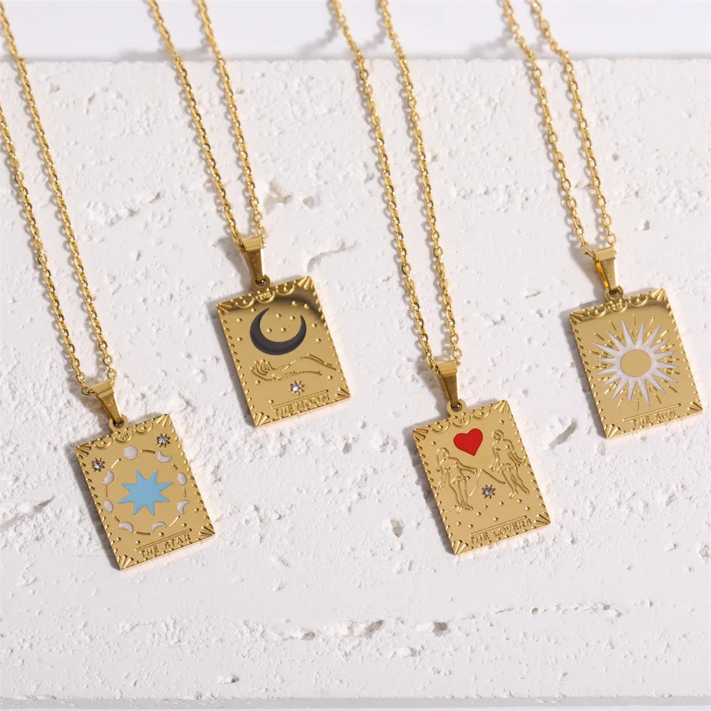 Star Sun Moon Tarot Necklace Gold Plated Stainless Steel Link Chain Square Pendant Jewelry for Women Gift