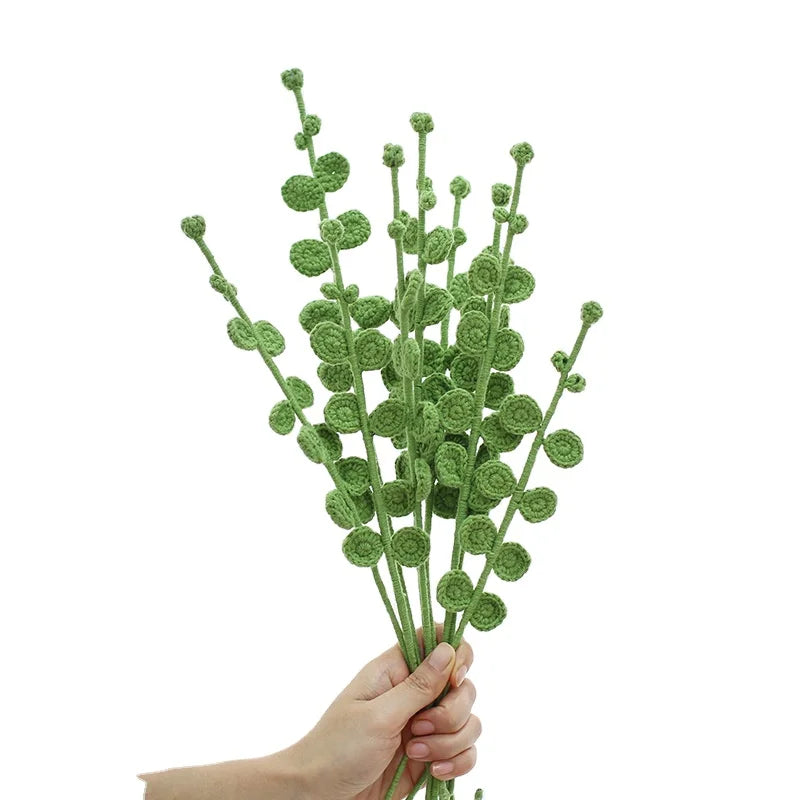 Hand-Knitted Yarn Crochet Romantic Eucalyptus Artificial Flowers Bouquet for Wedding Home Decoration