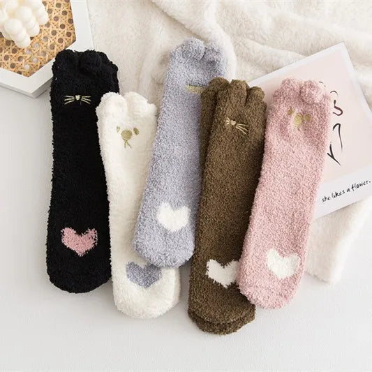 Customized Logo Three-dimensional Coral Velvet Gold Embroidered Love Cat Claw Crew Floor Sleep Socks Warm Winter Body Cuff