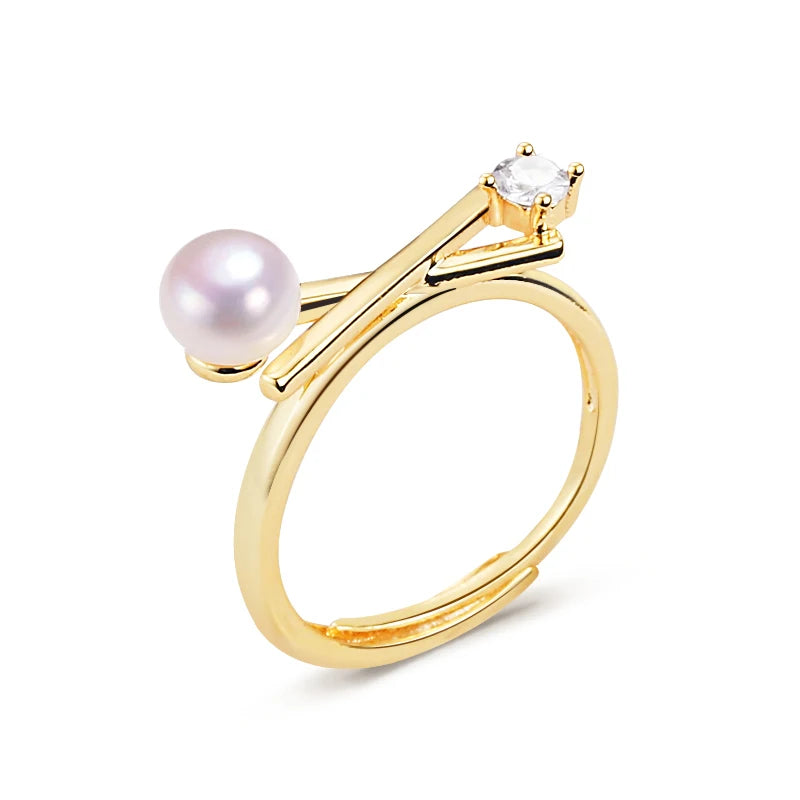 Hot Sale Balance Beam Ring Jewelry 18K Gold Plated Natural Freshwater Pearl Ring for Women