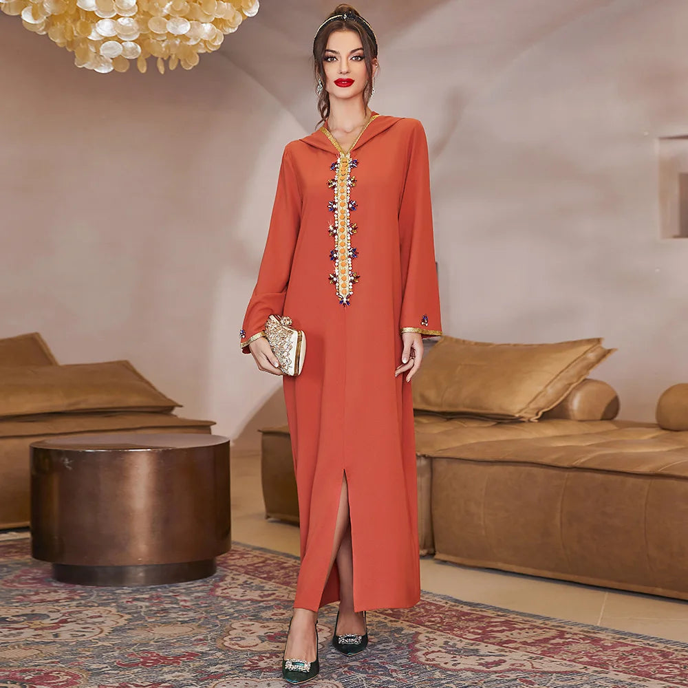 Latest Design Muslim Dress Abaya With Hooded Long Dress Shiny Beadings Solid Color Abayas for Women Muslim