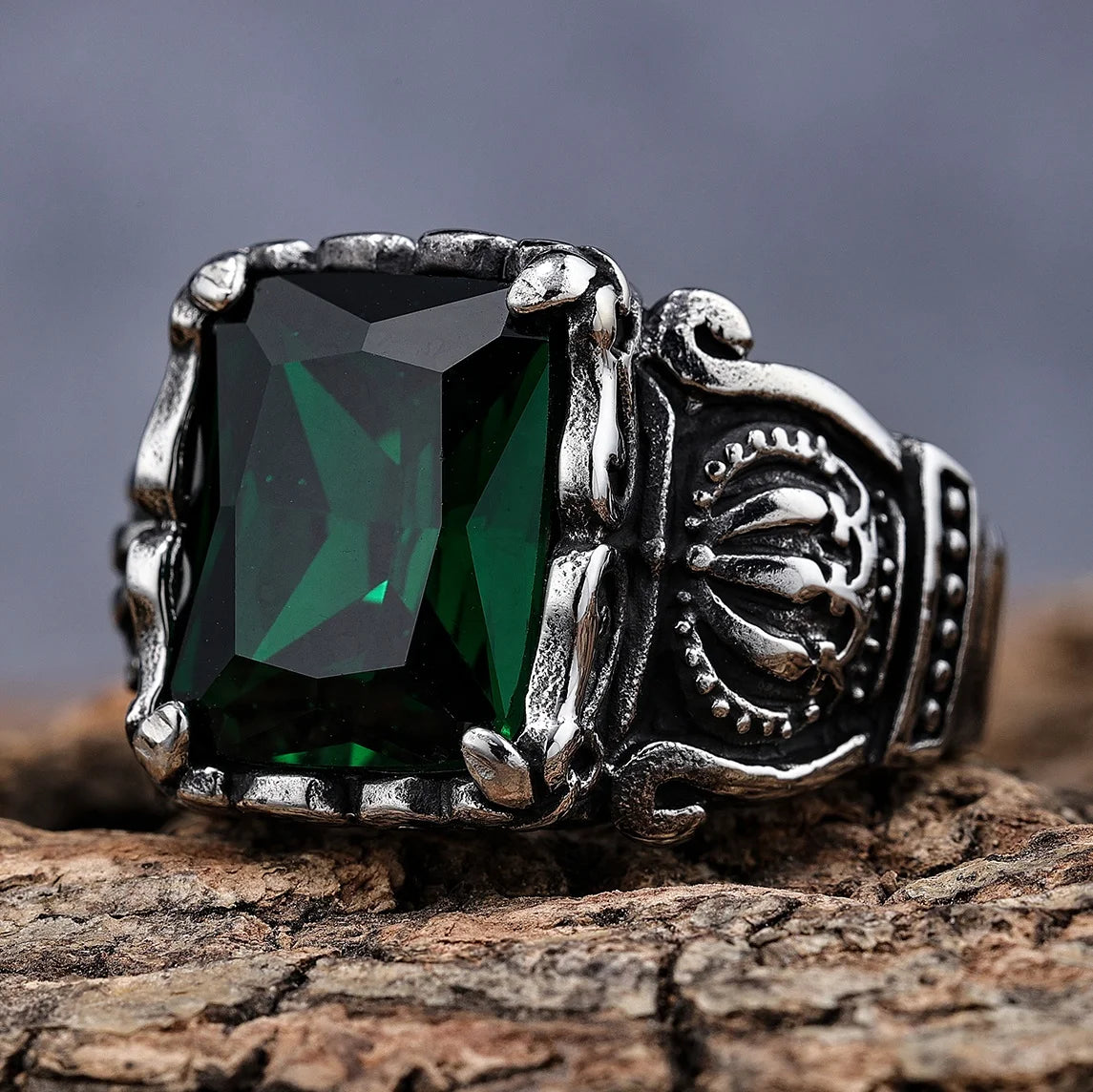 Custom Color Rock Roll Mens Jewelry Stainless Steel Vintage Black Agate Stone Rings for Men Women Size 7-15