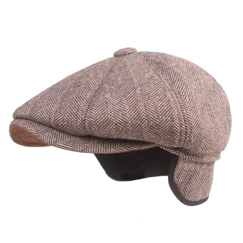 Men's Herringbone Hat Senior 8 Panels Newsboy Cap With Thick Ear protection Newsboy Hat