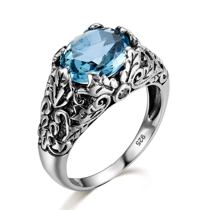 Women Popular Antique Jewelry Agate 925 Sterling Silver Oval Aquamarine Gemstone Rings