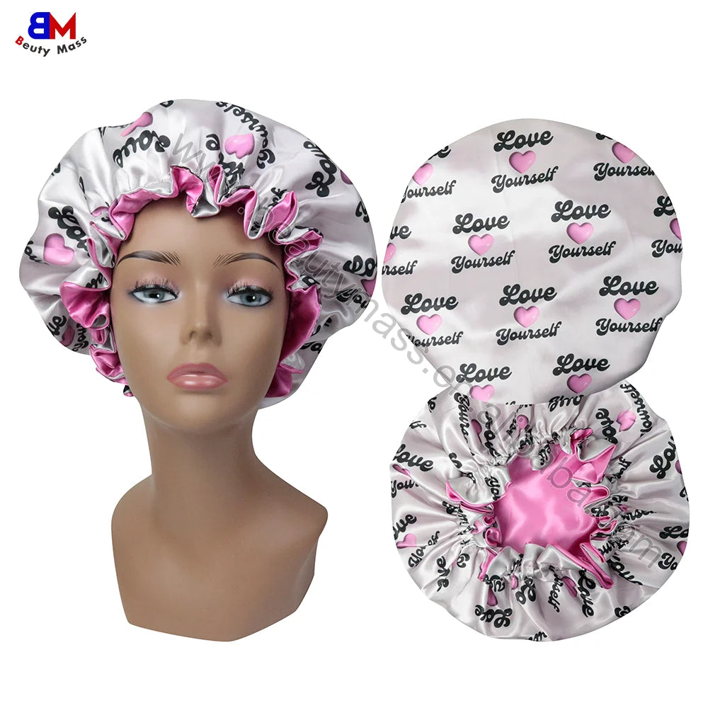 Custom Valentine Theme Logo Soft Comfortable Satin Bonnets Satin Sleep Bonnet for Women Adjustable Sleeping Hair Bonnet