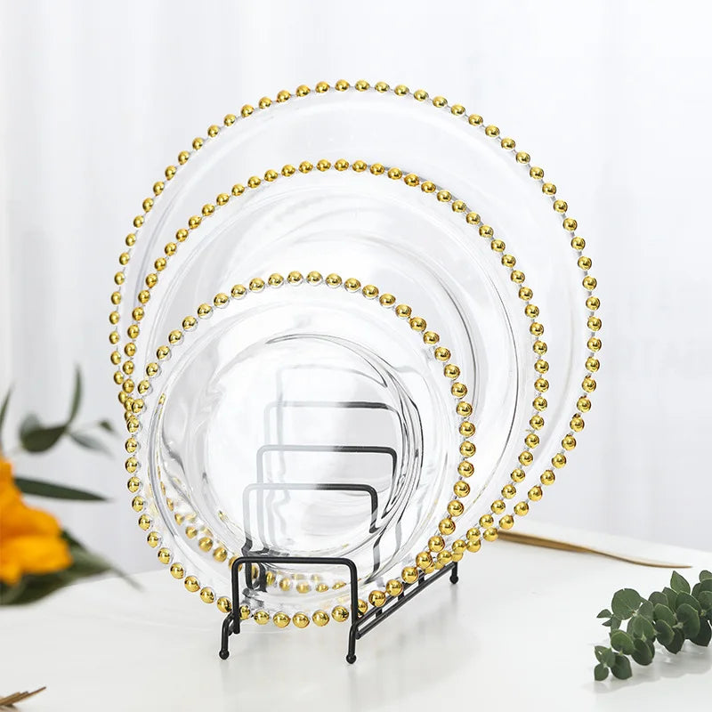 Wedding Table Decoration Clear Golden Glass Beaded Charger Plates Creative Luxury Gold Beaded Glass Color Enamel Luxury Charger