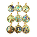 Round Shape MOP Abalone Coin Pendant Owl/dragon/cat/sun/hand/tree/lotus Flower Charm Gold and Silver Plated Jewelry for Diy Gift
