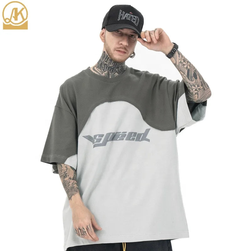 Custom Logo Embroidered Eco-Friendly Breathable Letter Pattern T-shirt Patchwork Color Block Regular Fit Men's Cotton Hip Hop