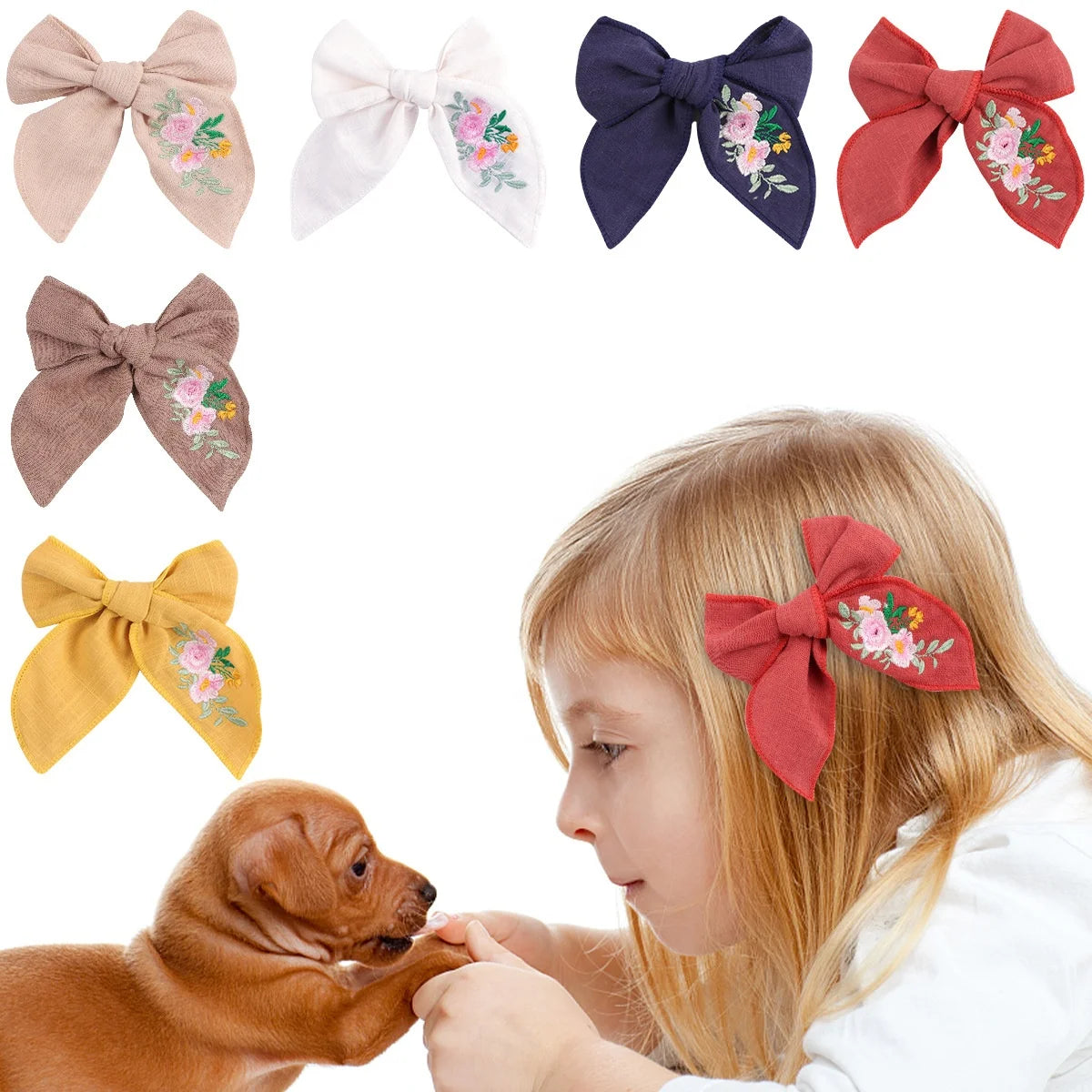 Hot-selling Hair Grips About Big Bow Hair Clips and Material Is Cotton Fabrics With Embroidery Patterns