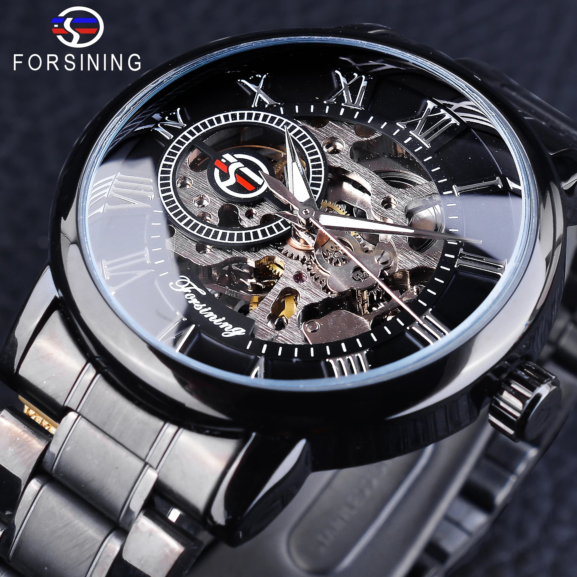 Forsining Hollow Engraving Full Black Clock Luminous Design Stainless Steel Men's Mechanical Watches Top Brand Luxury