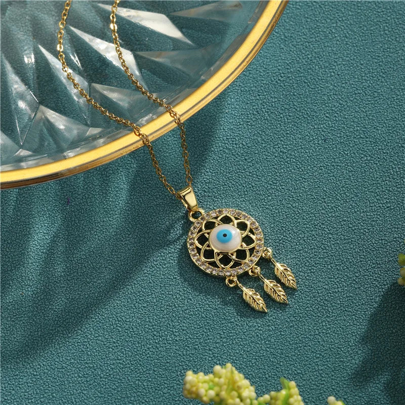 Newest Creative Design Hollow Out Dreamcatcher Pendant Necklace Chic Gold Plated Oil Dripping Evil Eyes Necklace