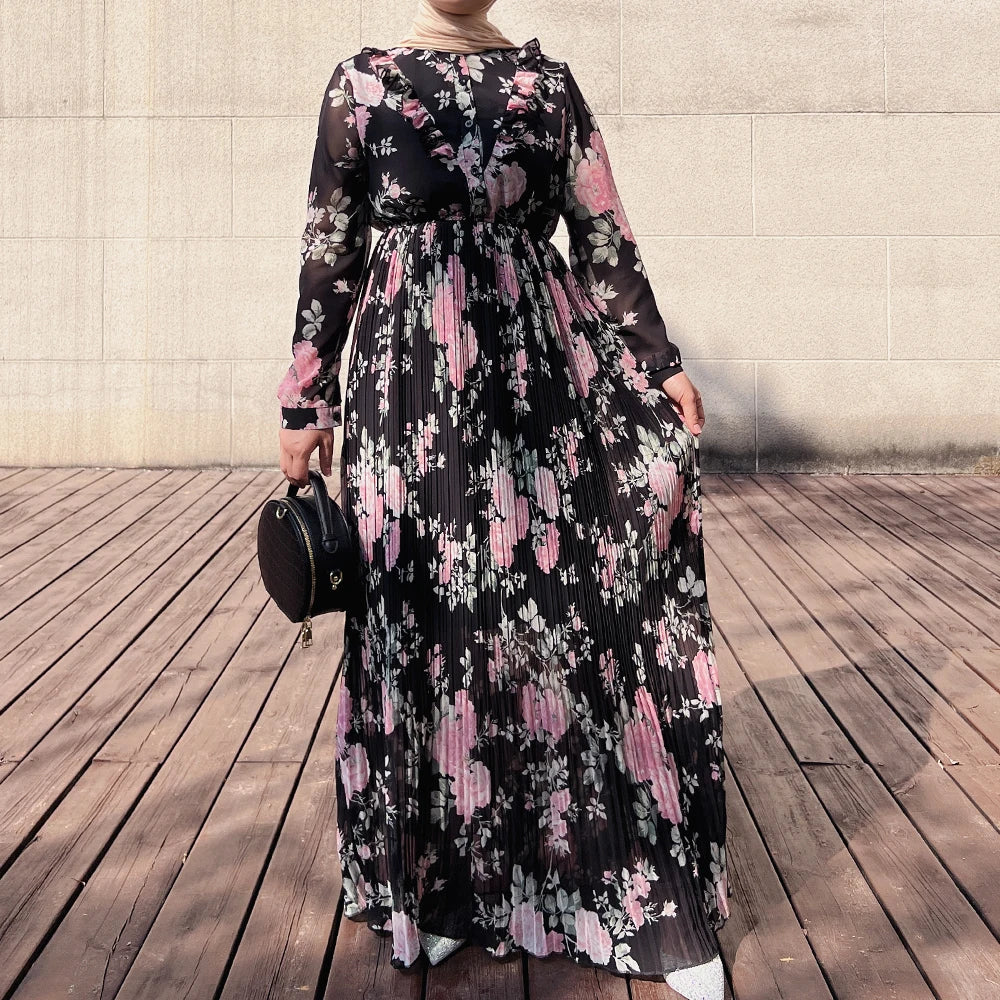 Loriya Hot Sale Islamic Clothing Women Dubai Abaya Muslim Dress Long Sleeve Chiffon Floral Summer Abaya Dress for Girls