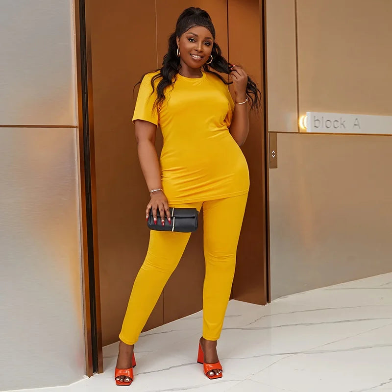 New Solid Color Fashion Two-piece Casual Pants Suit Plus Size Women's Two-piece European and American