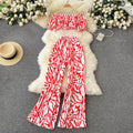 S-XL Tourism Outfit Temperament One Shoulder Short Printed Top High Waisted and Wide Leg Printed Pants Two-piece Set