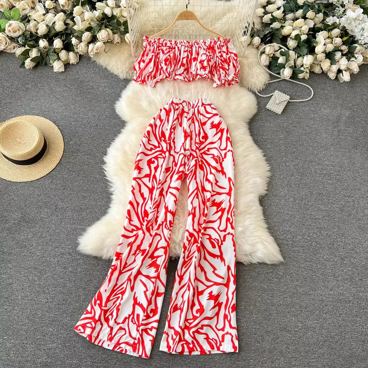 S-XL Tourism Outfit Temperament One Shoulder Short Printed Top High Waisted and Wide Leg Printed Pants Two-piece Set