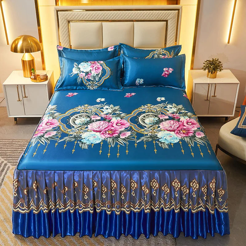 Full Queen king Size Ice Silk Bedsheet Lace Summer Mat Parisian Style Sea of Flowers 3 Pieces 2 Pillow Cases+bed Skirt Sets