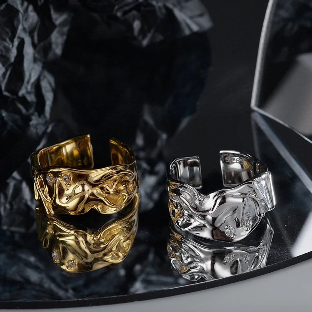 ICEBELA Jewelry Open Irregular Rings S925 Sterling Silver Korean Version Bright Face Irregular Texture Ring Female for Lady 6.4g