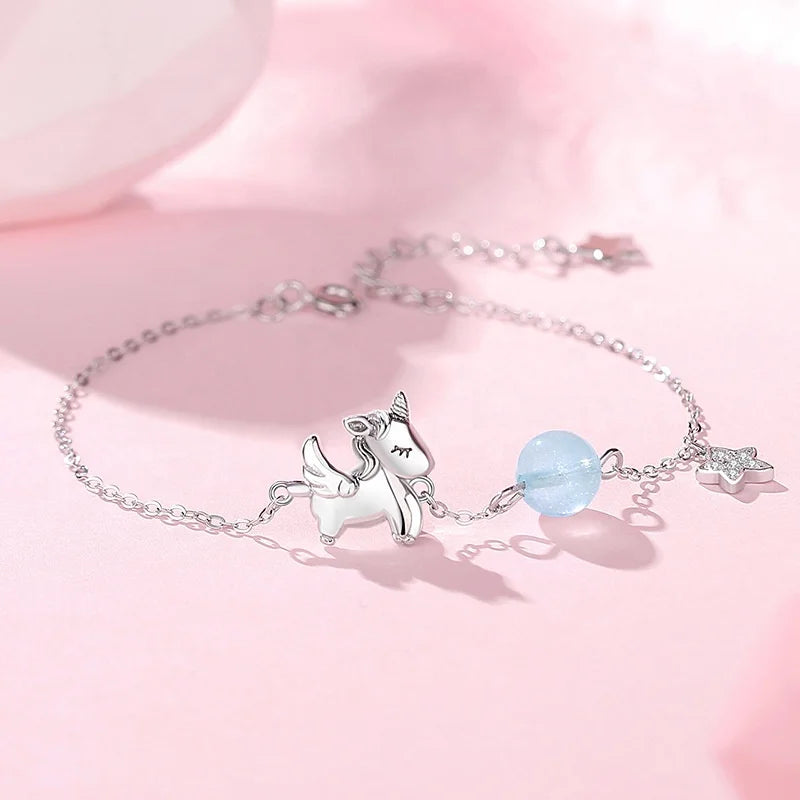 925 Pure Silver Lady's Star-shaped unicorn Blue Crystal Bracelet - Fashionable Summer Trend Piece