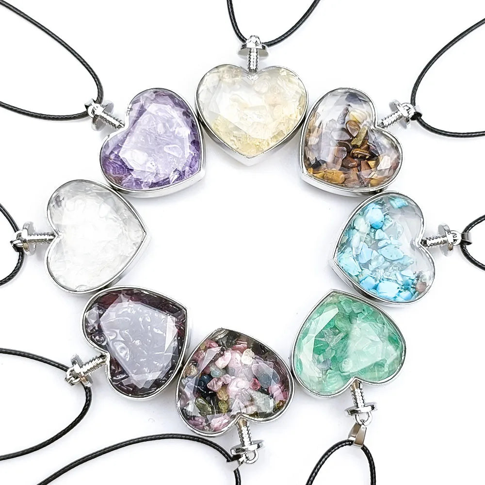 Heart Shape Clear Bottle Pendant Healing Crystal Quartz Gemstone  Chips Necklace for Women Jewelry