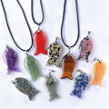 Handmade Leather Cord Necklace Fish-Shaped Crystal Pendant Tiger Eye Amethyst Quartz Natural Stone Choker Jewelry Rope Chain